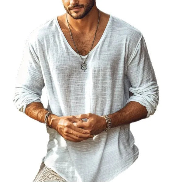 Beige men's V-neck long-sleeved slim fit T-shirt made from hemp blend fabric.