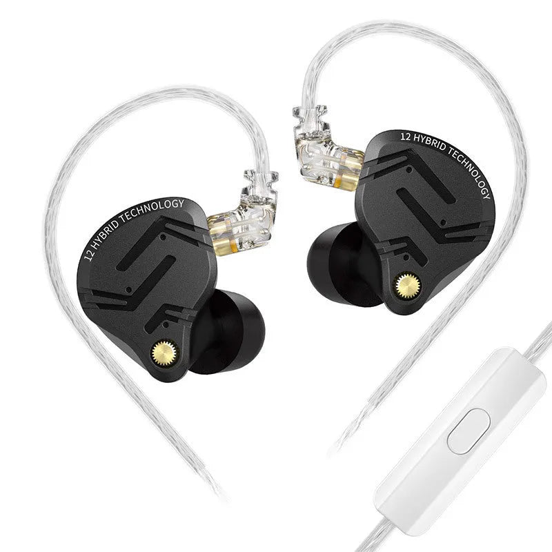 Black wired back-winding earphones with adjustable tone monitor and through-hole plug
