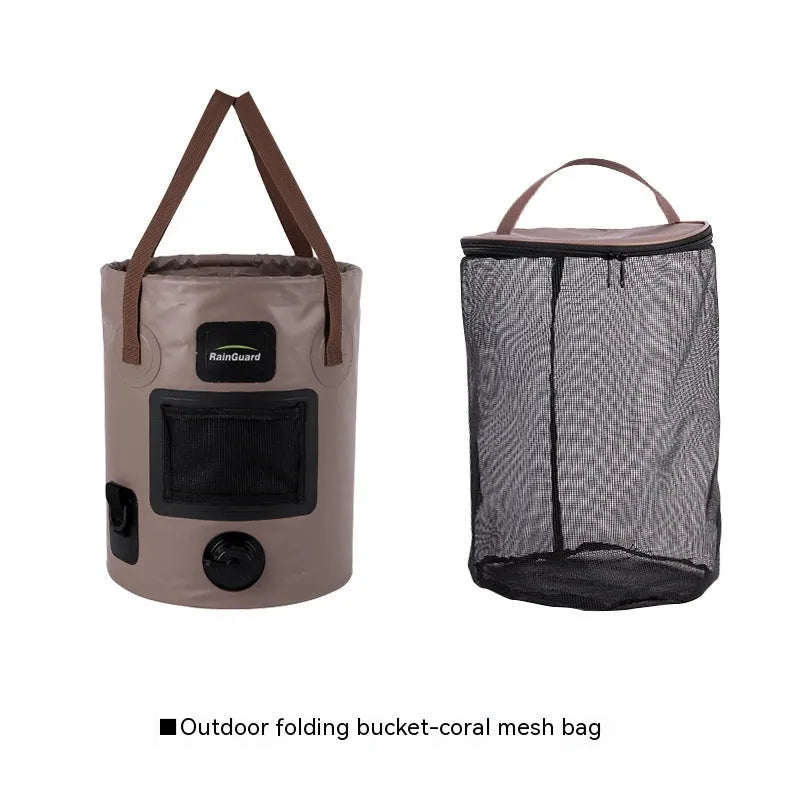 Portable folding fishing bucket in lemon yellow with optional mesh pocket showing 25 litre capacity