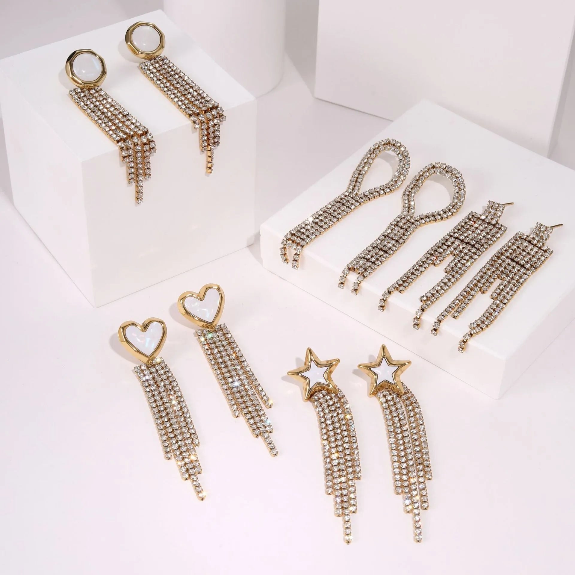 Stainless steel earrings with diamond tassel love heart and star geometric design, 18K electroplated finish