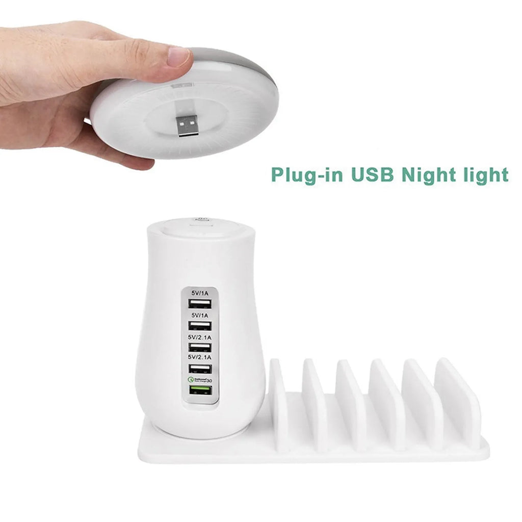 White mushroom-shaped USB charging station with five ports and LED night light for phones and tablets