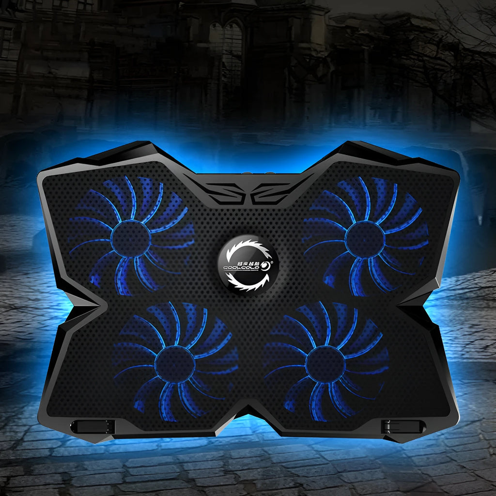 Blue computer cooling base with four LED fans and USB ports for desktop exhaust ventilation