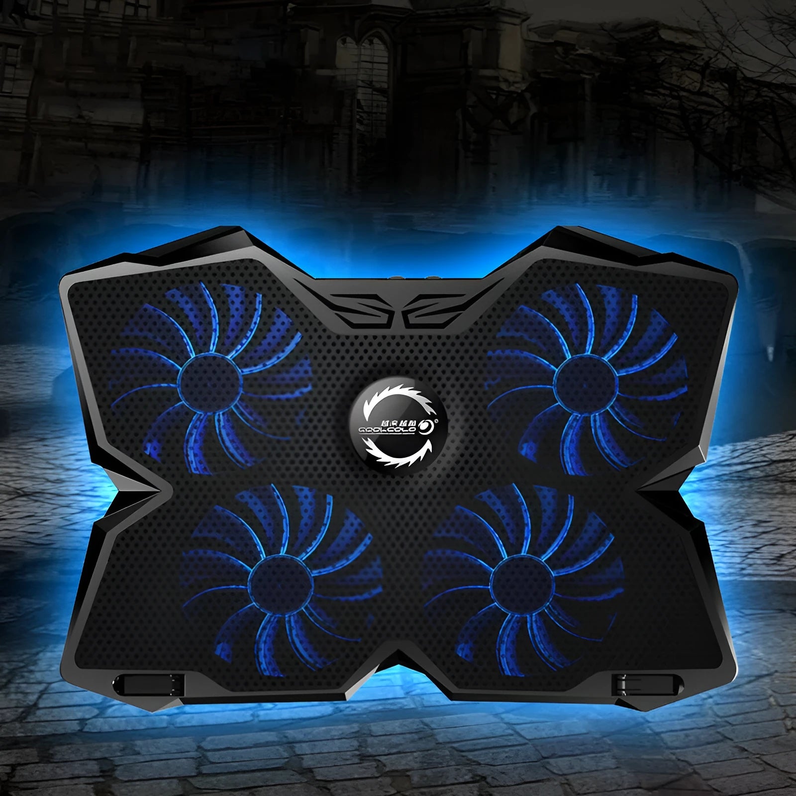 Blue computer cooling base with four LED fans and USB ports for desktop exhaust ventilation
