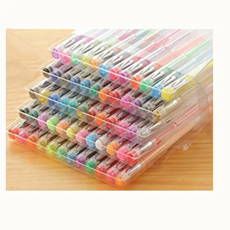 100-colour gel pen set with plastic barrels in assorted colours showing 0.5mm and 1mm tip sizes