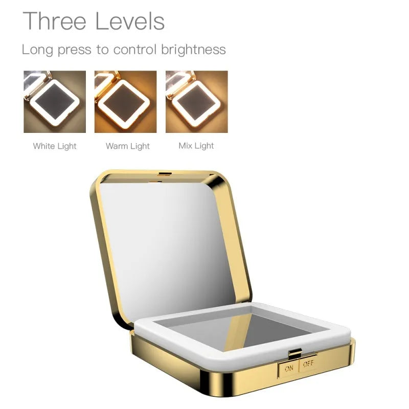 Two-sided makeup mirror with magnification and adjustable lighting in black or white