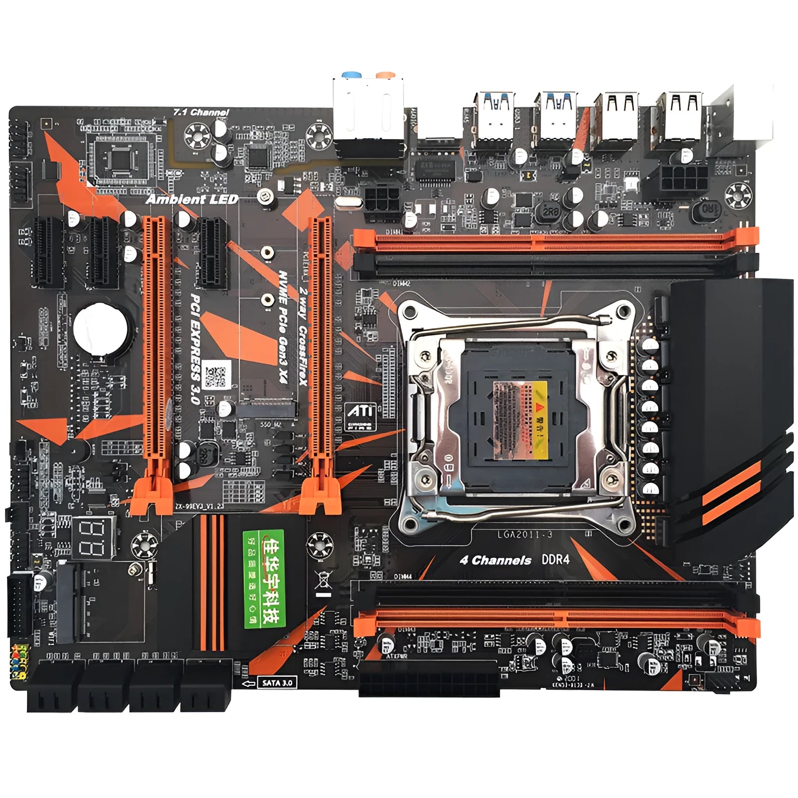 Black X99 ATX motherboard with LGA2011-3 socket, four DDR4 slots, dual PCI-E x16 slots, and M.2 interface.
