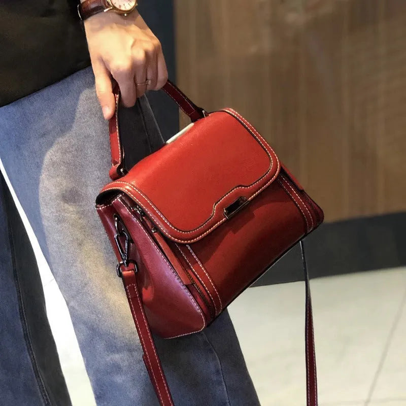 Women's genuine leather retro messenger bag in horizontal square shape with double shoulder straps