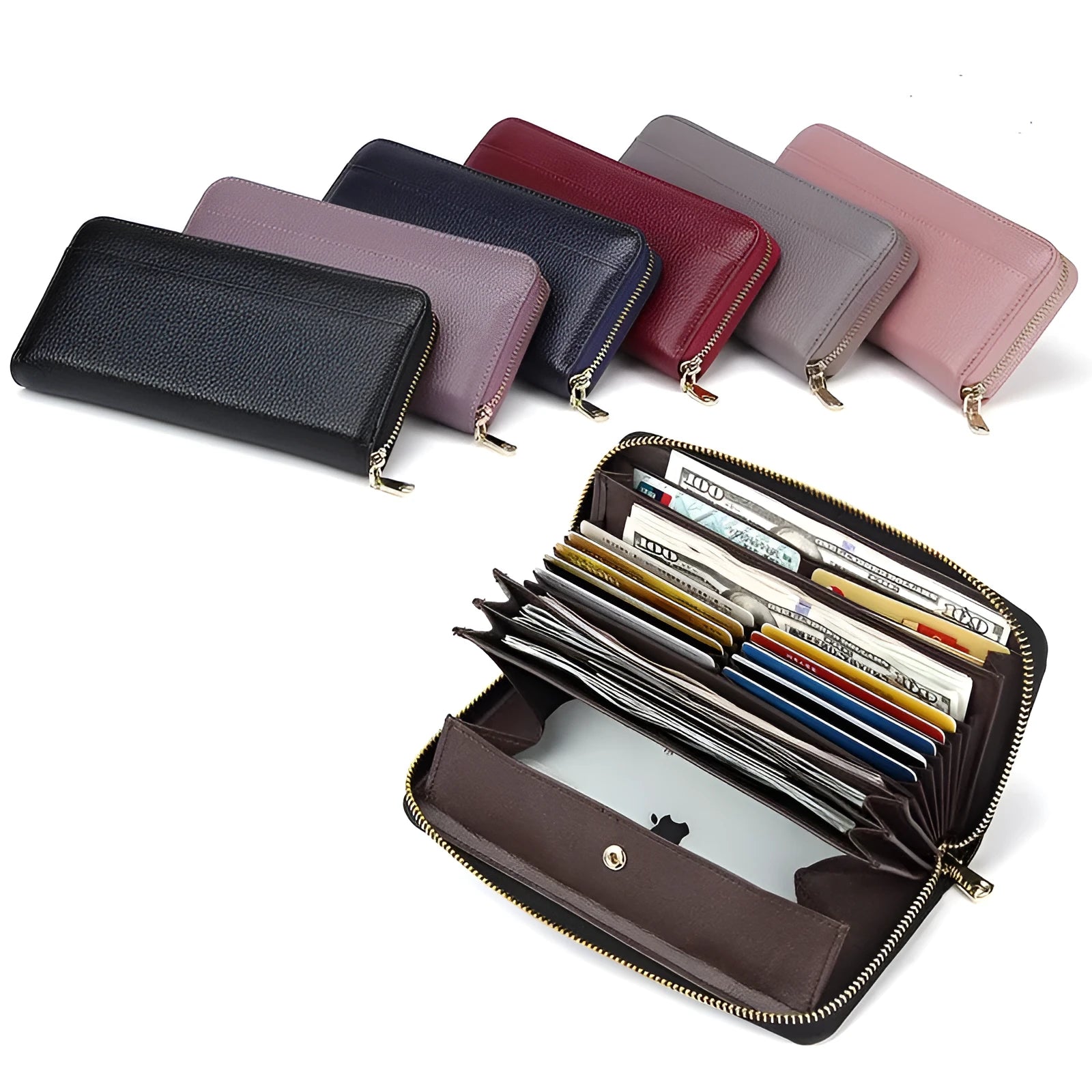 Genuine leather women's wallet in multiple solid colours showing interior card storage compartments