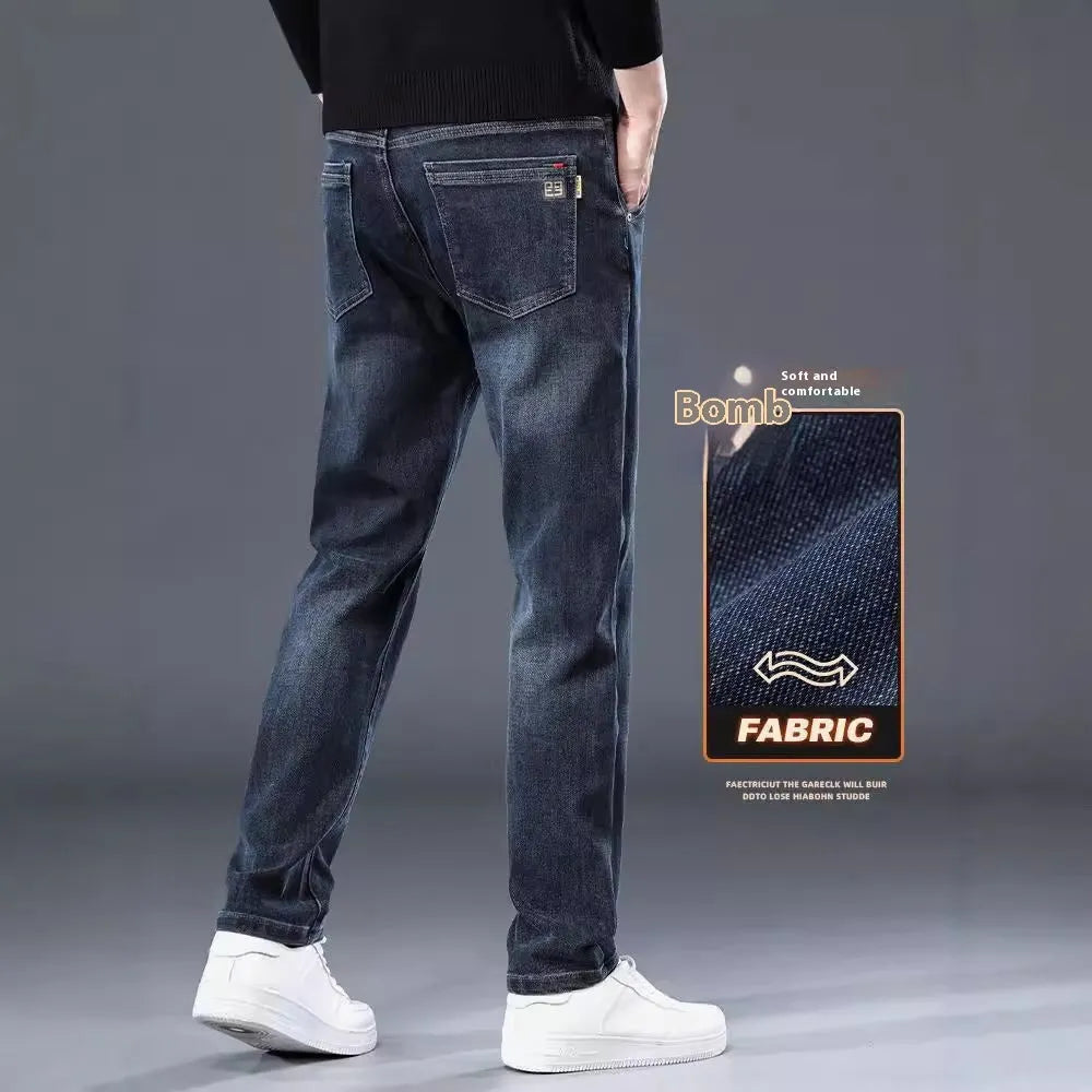 Men's slim straight casual trousers in polyester fabric with mid waist and zipper fly