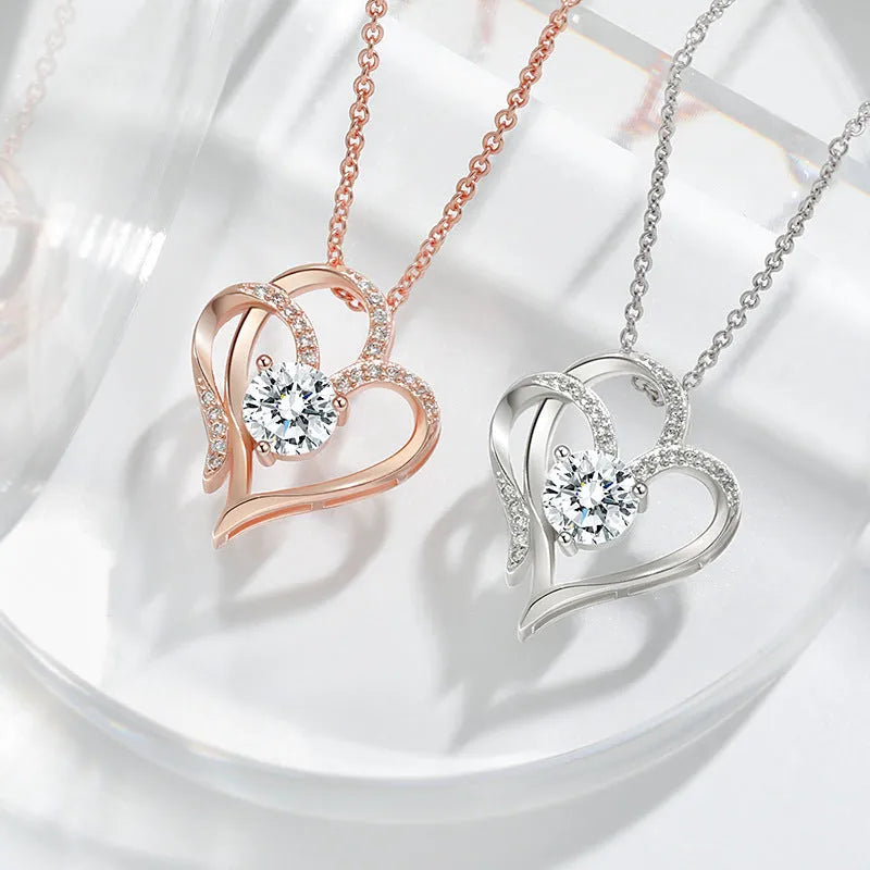 925 silver heart necklace in platinum, gold or rose gold finishes with diamond cut treatment