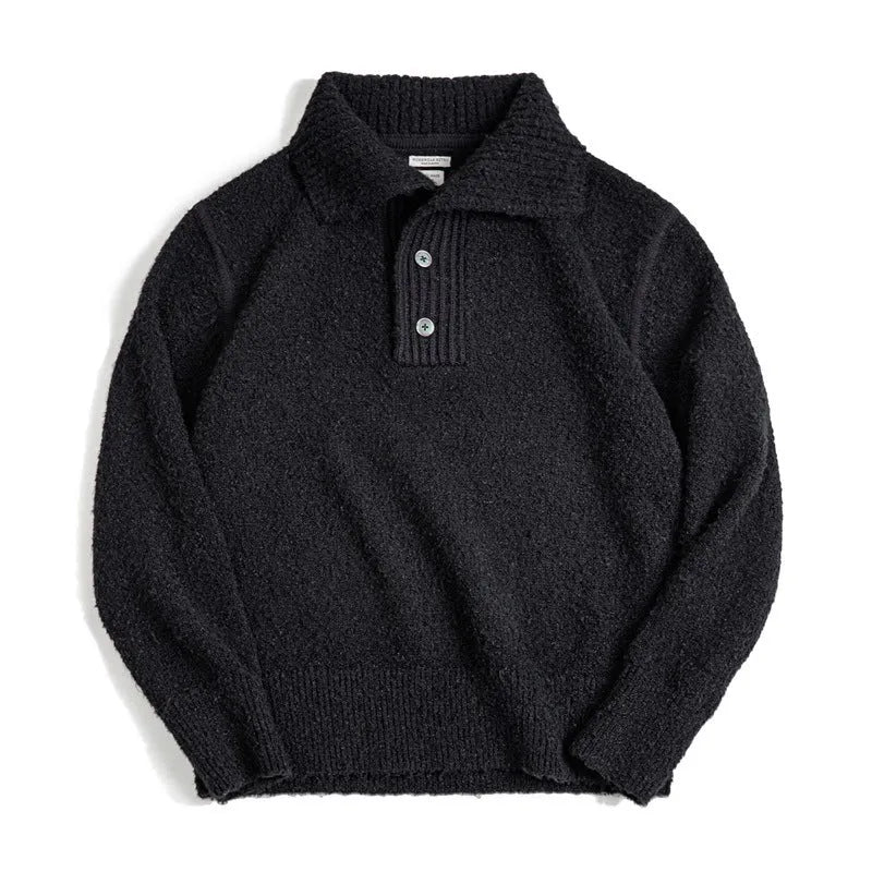 Men's thick black thermal hoodie sweater with lapel collar and long sleeves on a plain background