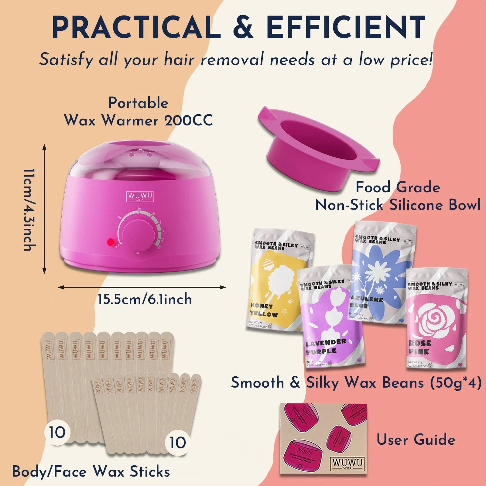 27-piece hair removal wax kit showing digital warmer, four coloured wax beads, wax sticks and guidebook