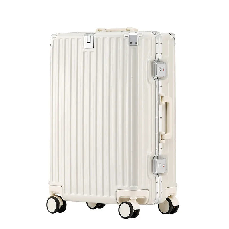 Hard-shell aluminium frame suitcase in avocado green colour with USB port and universal wheels.