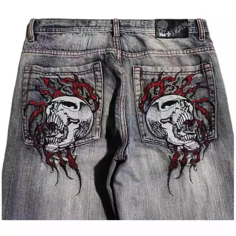 Men's gray American retro washed-out wide-leg denim jeans with mid waist and straight leg cut