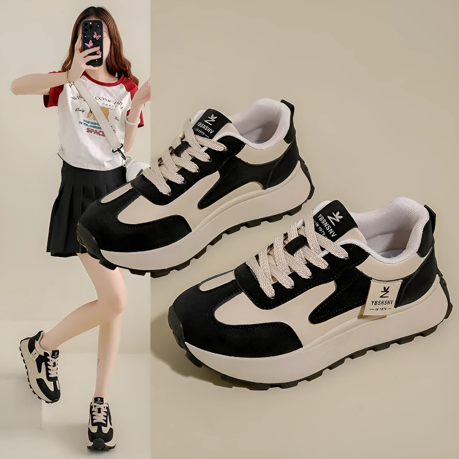 Women's casual all-matching printed sports running shoes in Card Black with rubber sole and front lace-up closure