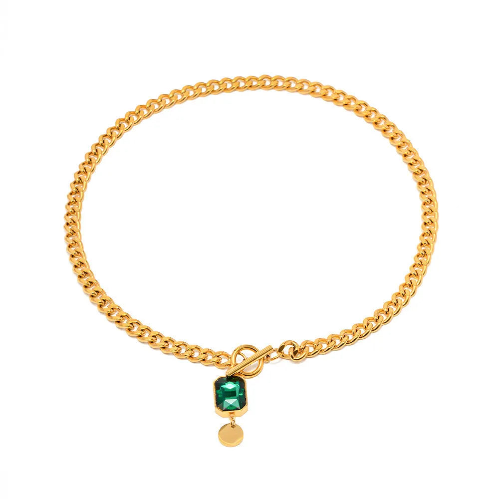 Gold colour titanium steel pendant necklace with emerald zircon and Cuban link chain in French retro style