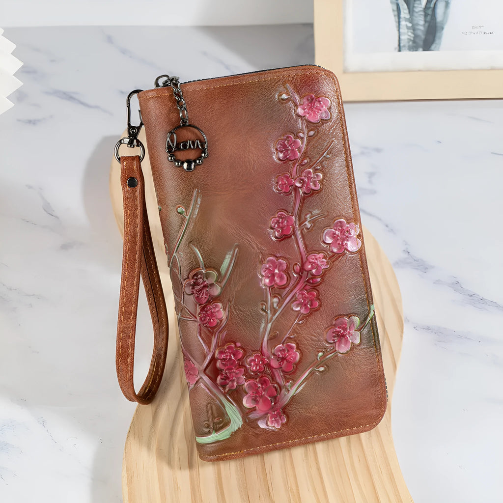 Chinese style handbag with embossed floral pattern in retro design with zipper closure