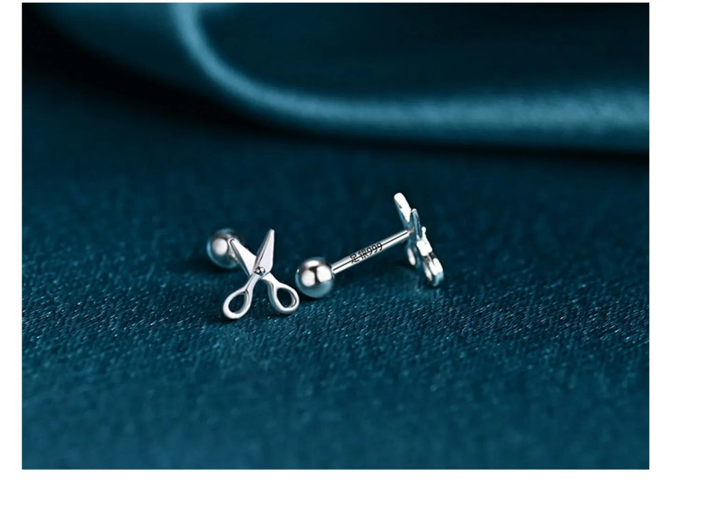 Pure silver screw-style ear nails with miniature scissors design jewellery