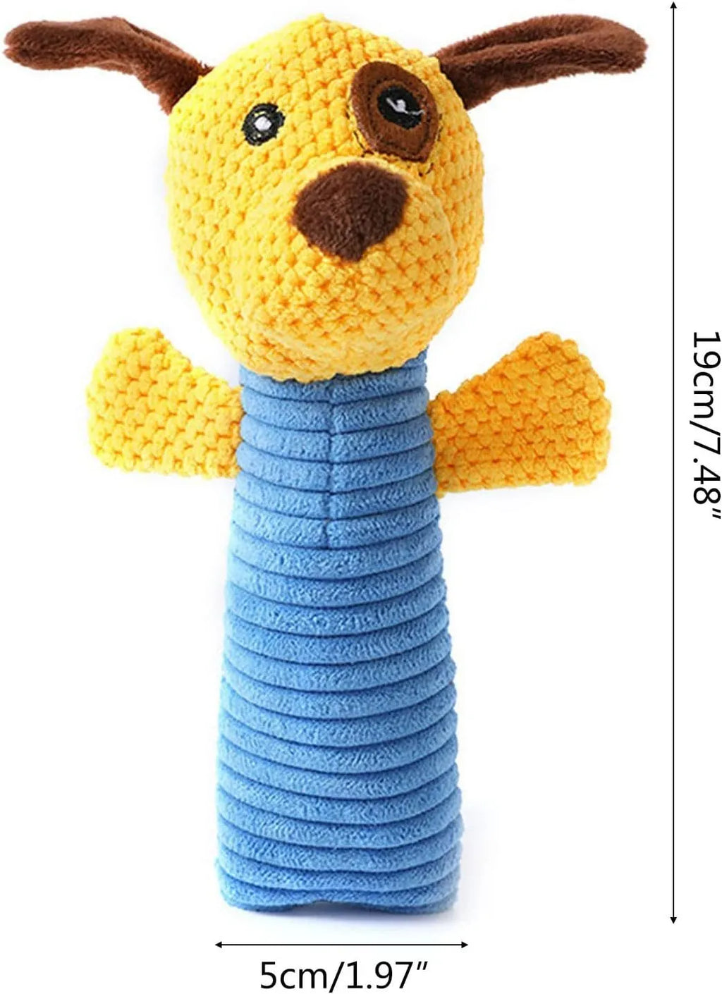 Squeaky stuffed animal dog chew toys in calf, frog and puppy designs measuring 19cm