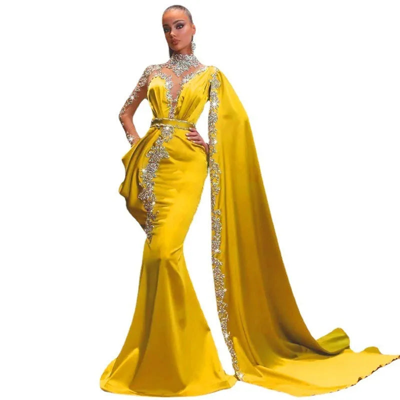 Women's long sleeve high waist swing dress in yellow with oblique shoulder and sequins