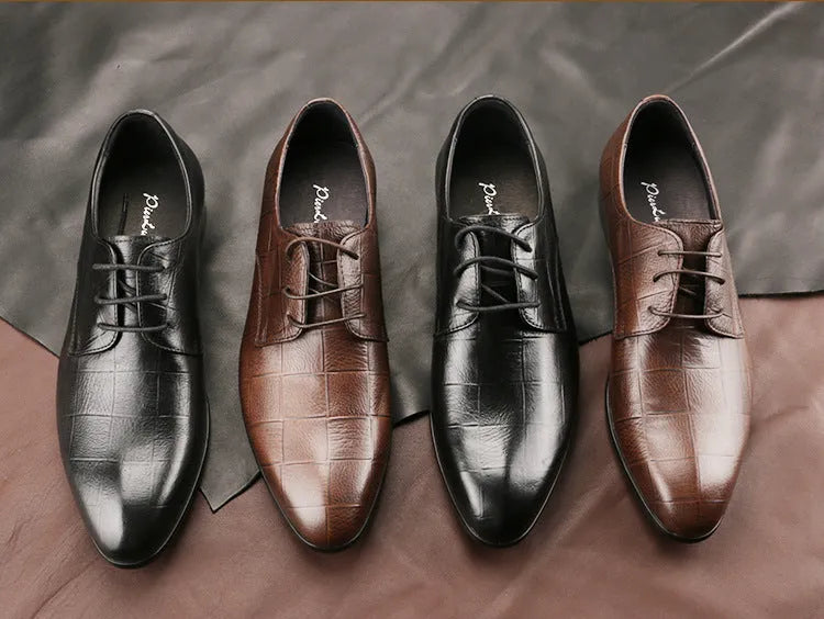 Men's black leather derby shoes with a pointed toe cap and anti-skid rubber sole.