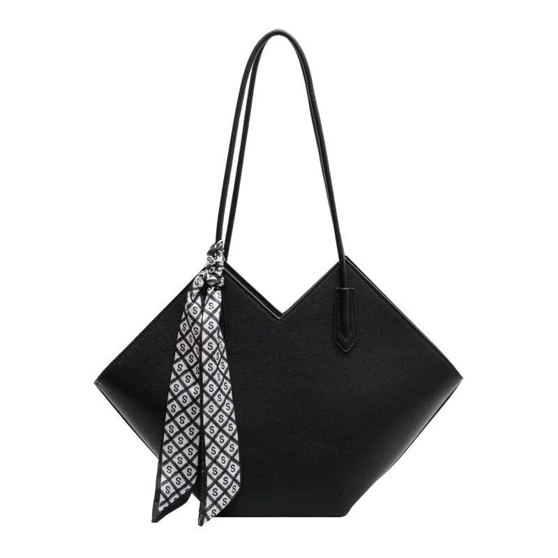 Women's large black PU shoulder bag with sandwich pockets showing horizontal square shape