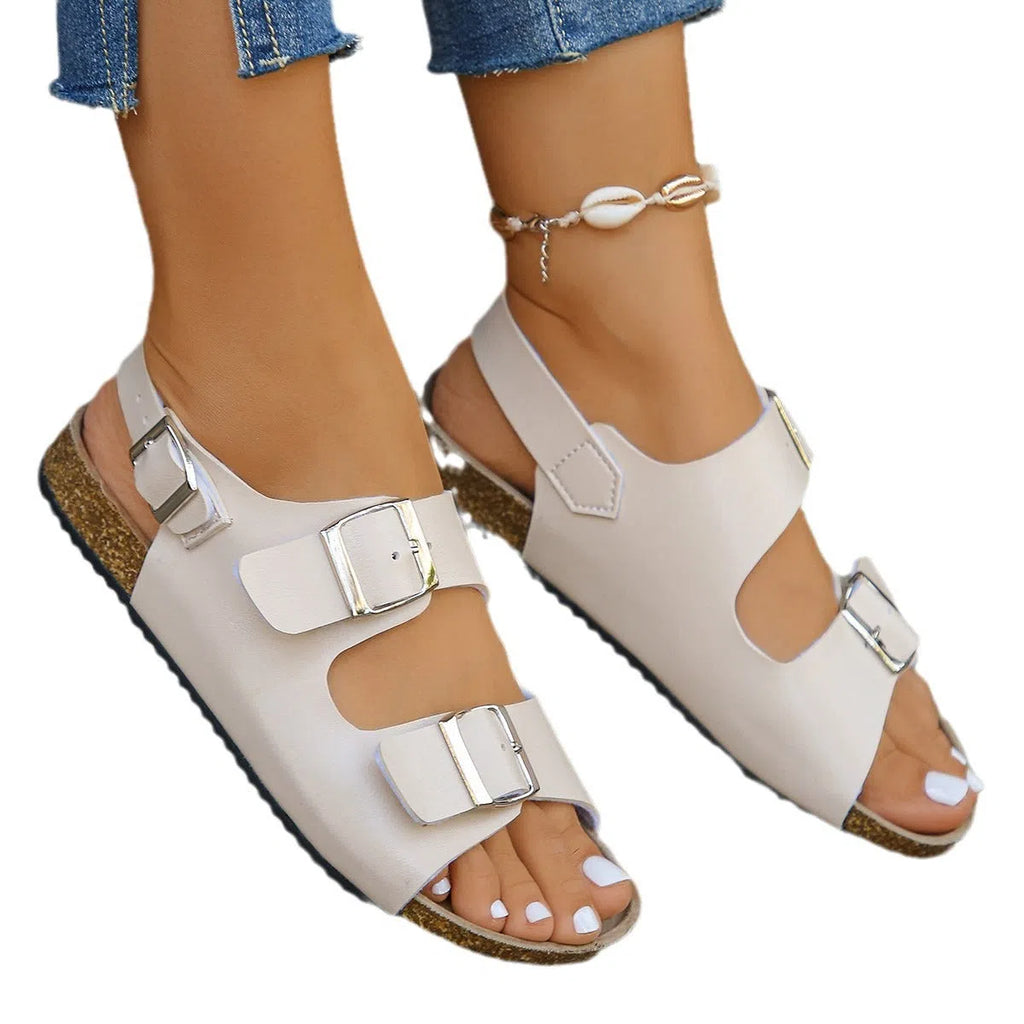 Women's flat sandals with square buckle, chunky sole, round toe, PU upper, rubber outsole in beige
