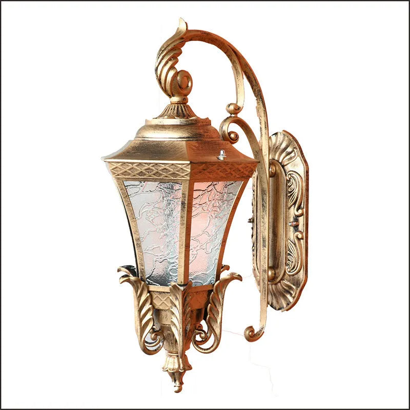 European-style black outdoor wall lamp with solar panel mounted on exterior wall