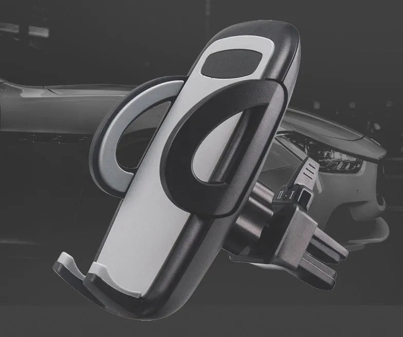 Black car mobile phone holder mounted on air conditioning vent with adjustable clamp for smartphones