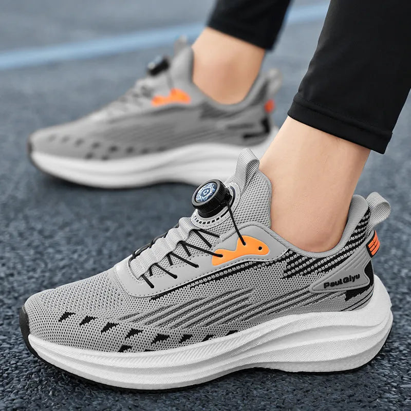 Men's black casual sports shoes with rotating buckle and fly-knit mesh upper