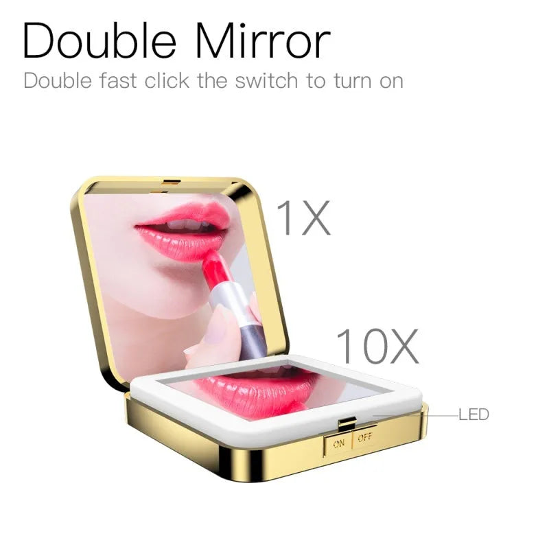Two-sided makeup mirror with magnification and adjustable lighting in black or white