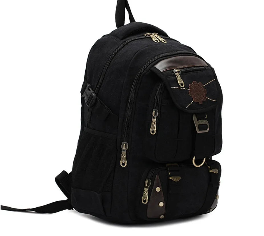 Canvas large 20-35L computer backpack with air cushion straps, black colour, square vertical section