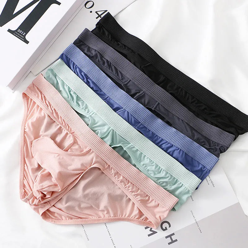 Men's low waist briefs in ice silk fabric showing colour options and briefs style