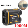 Handheld golf and outdoor laser rangefinder showing compact design on palm
