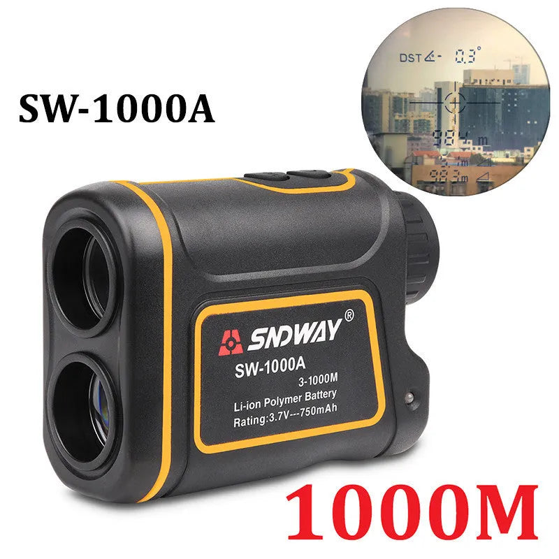 Handheld golf and outdoor laser rangefinder showing compact design on palm