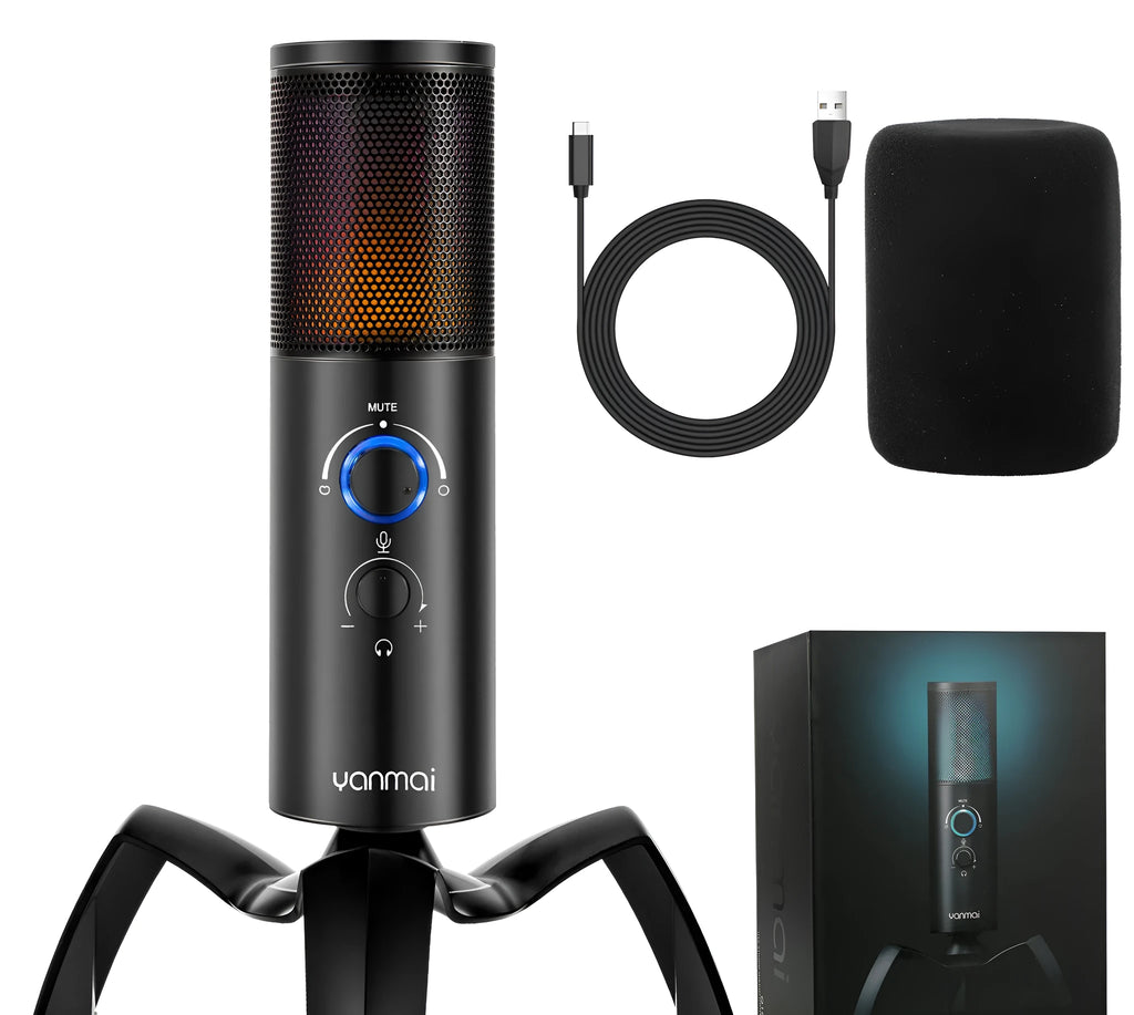 Black Q18 USB condenser microphone with RGB lights on adjustable metal tripod.