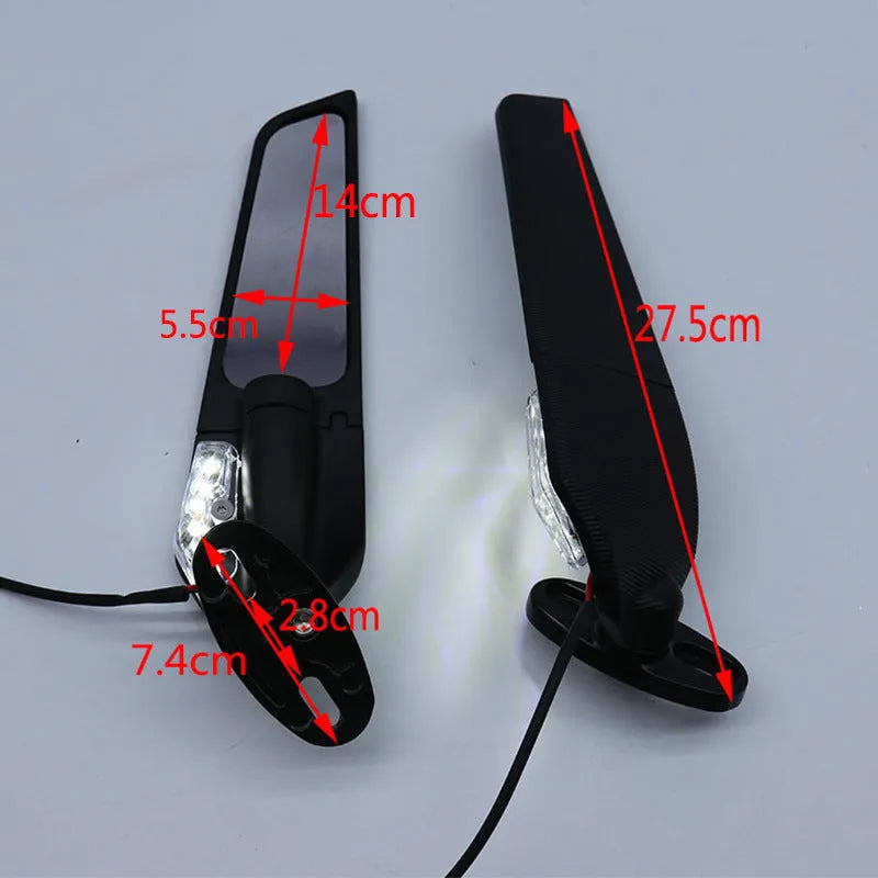 Pair of die-cast aluminium motorcycle spoiler rearview mirrors with integrated yellow safety lights.