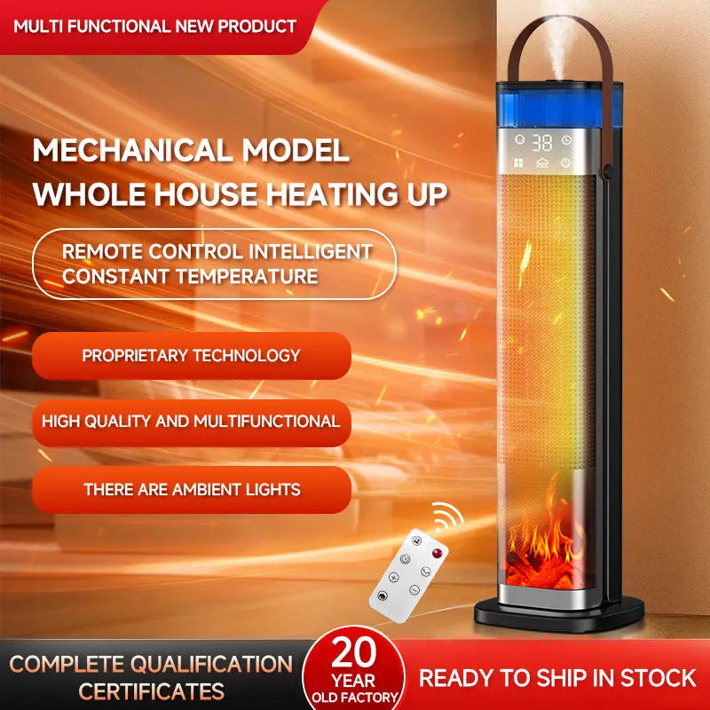 Intelligent vertical heater with humidification and voice control, measuring 16x16x52.6cm