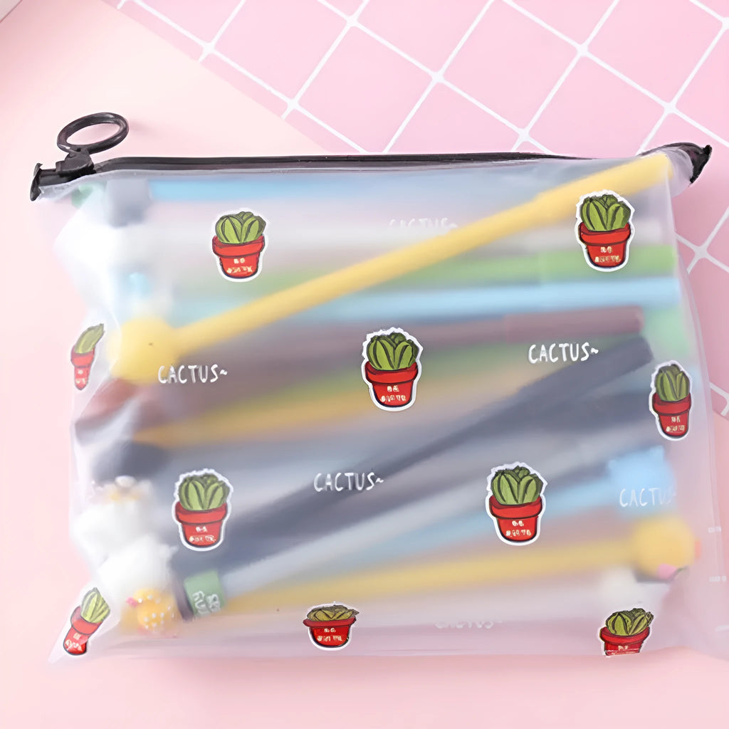 Marvel cartoon pen set showing 20 black ink 0.5mm pens in plastic case with Cactus Boys and Girls designs
