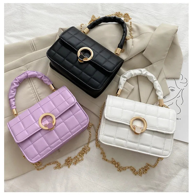 Small square PU messenger bag with embroidery thread detail, solid colour, crossbody style