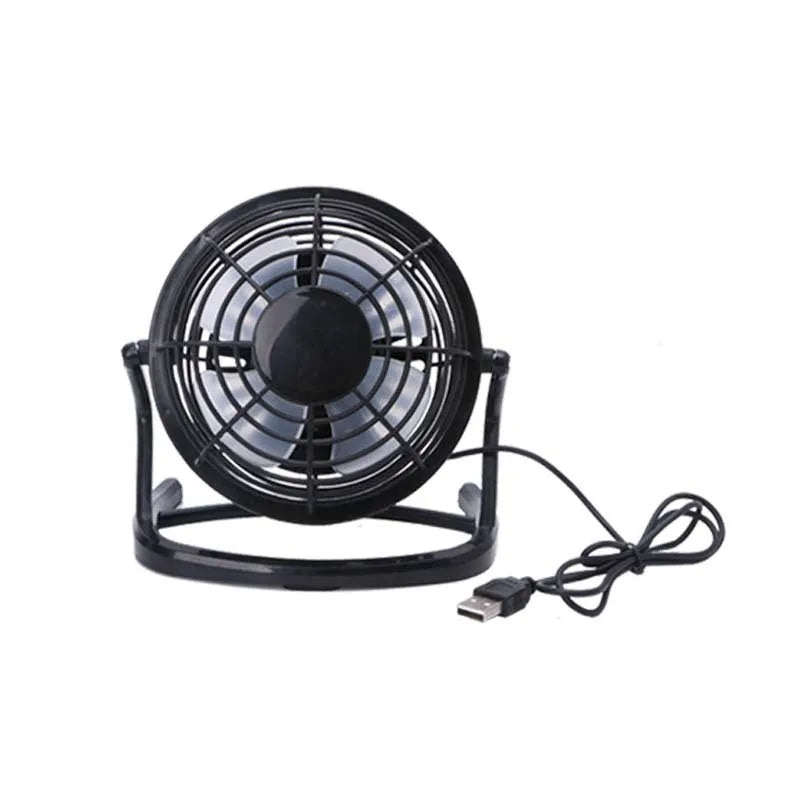 Mini USB desk fan with adjustable angle in black, white, or blue colours for quiet computer cooling