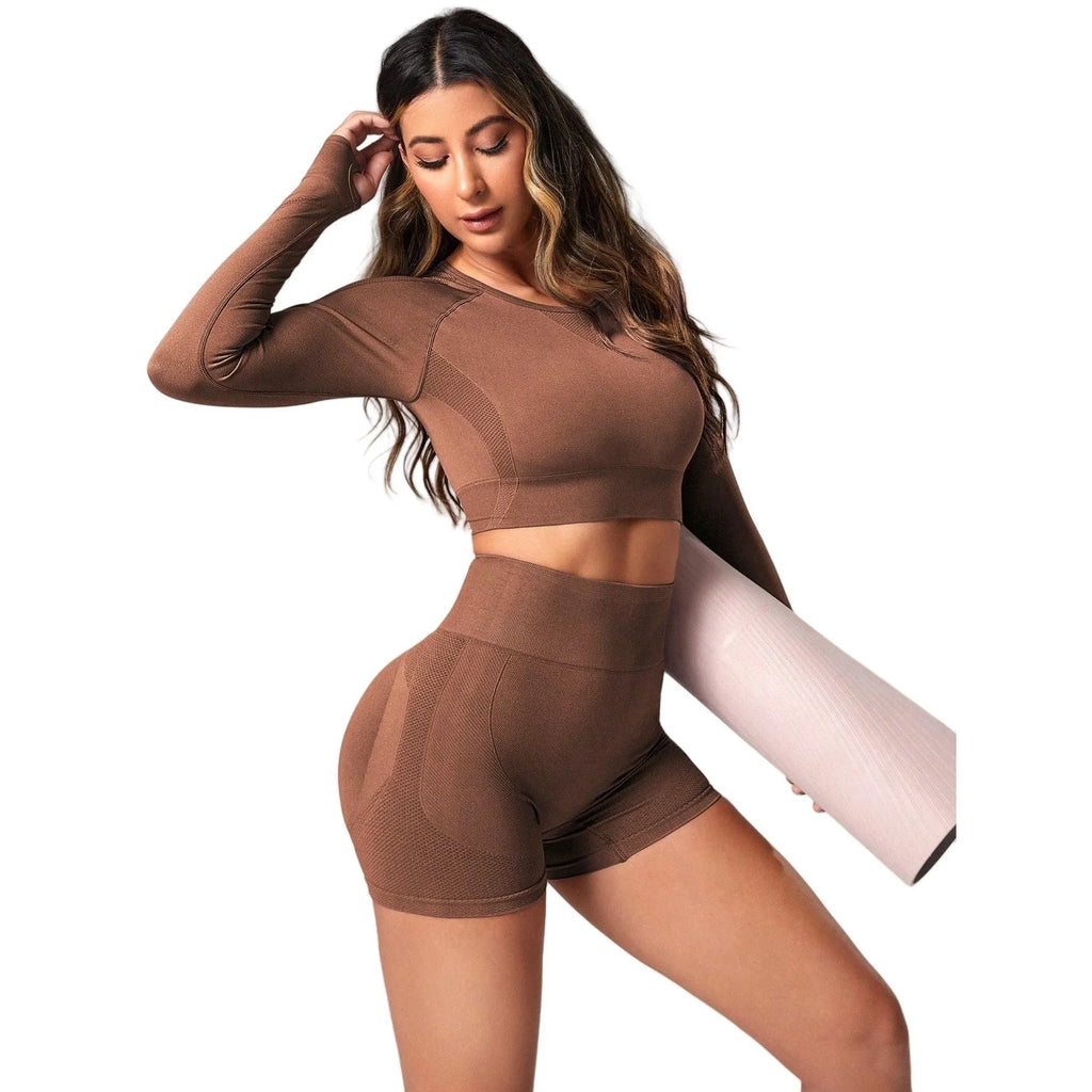 Women's high waist yoga suit in solid color with long sleeve top and pants for quick-drying performance
