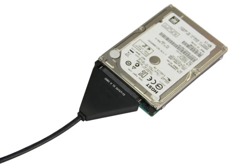Black USB 3.0 to SATA 7+15 pin adapter cable with separate power supply line for external hard drive connection.