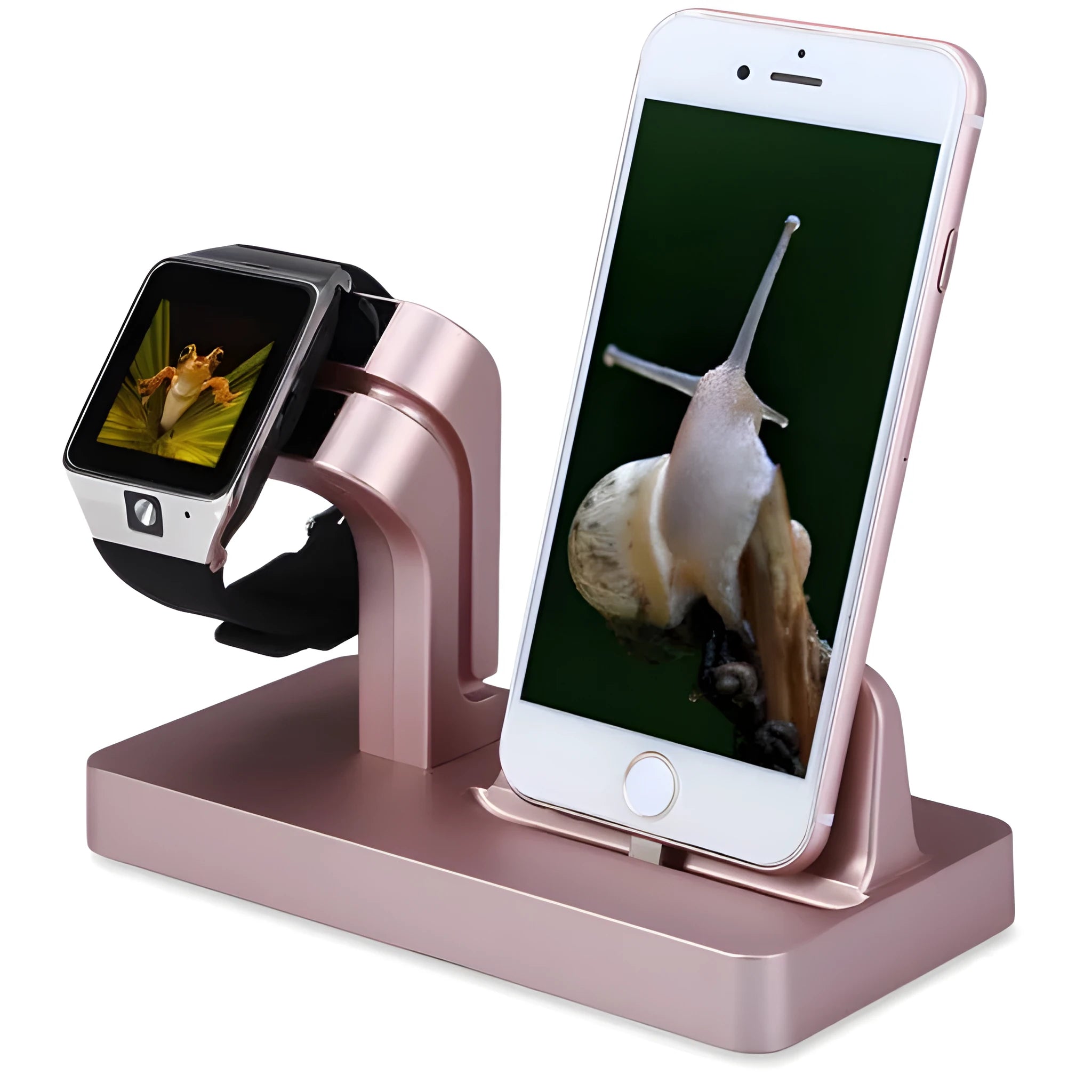 White 2-in-1 desktop charging dock holding an iPhone and an Apple Watch, showing cable cutout and non-slip base.