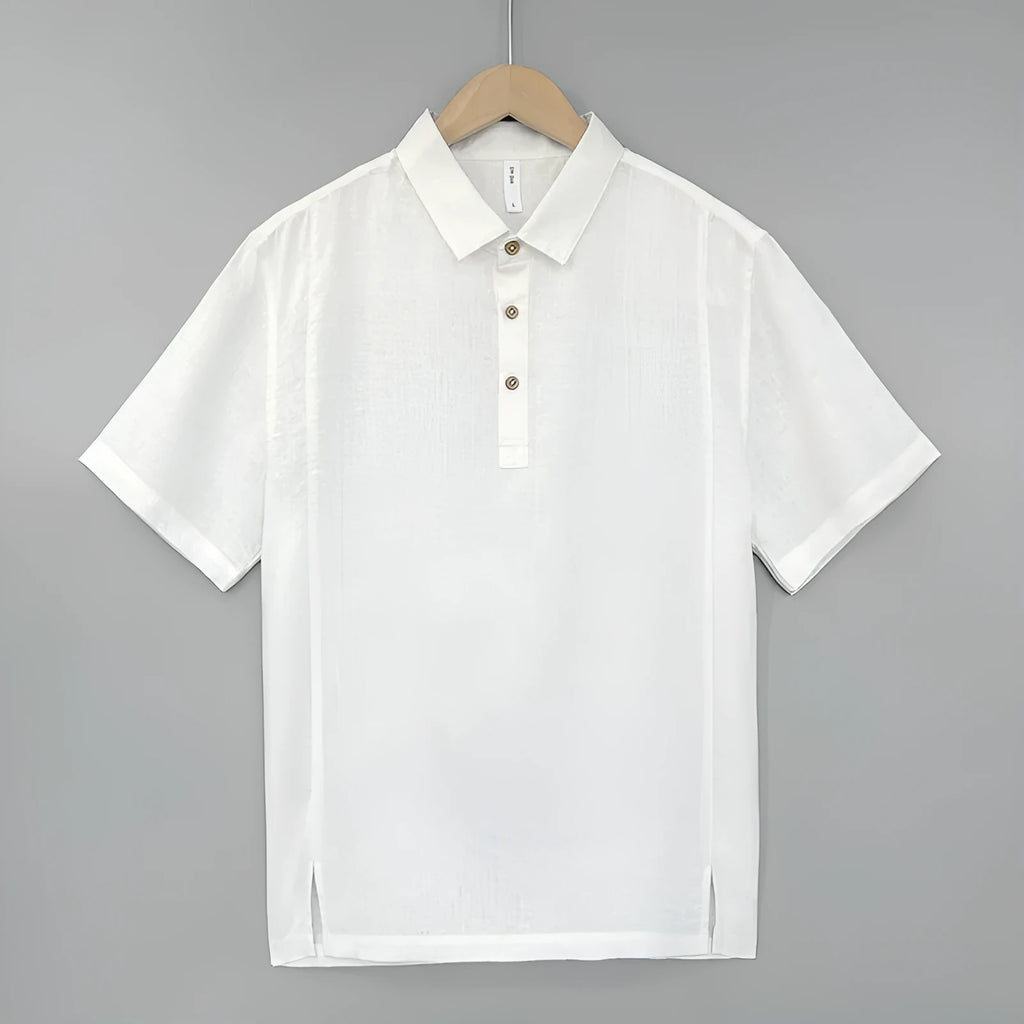 Men's loose-fit linen short-sleeve top in grey green on a hanger.