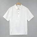 Men's loose-fit linen short-sleeve top in grey green on a hanger.