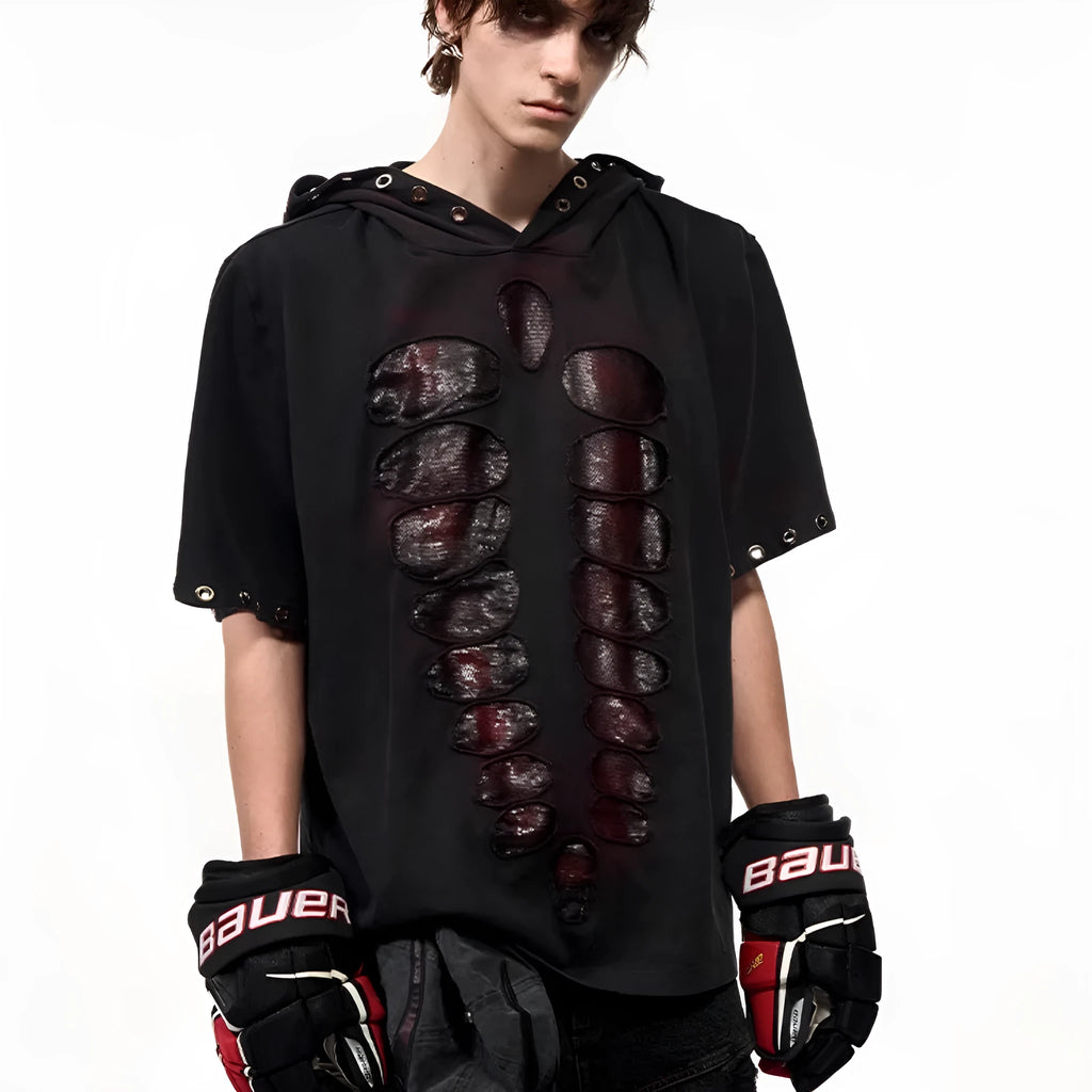 Black men's hooded T-shirt with sequin detailing, loose fit, short sleeves