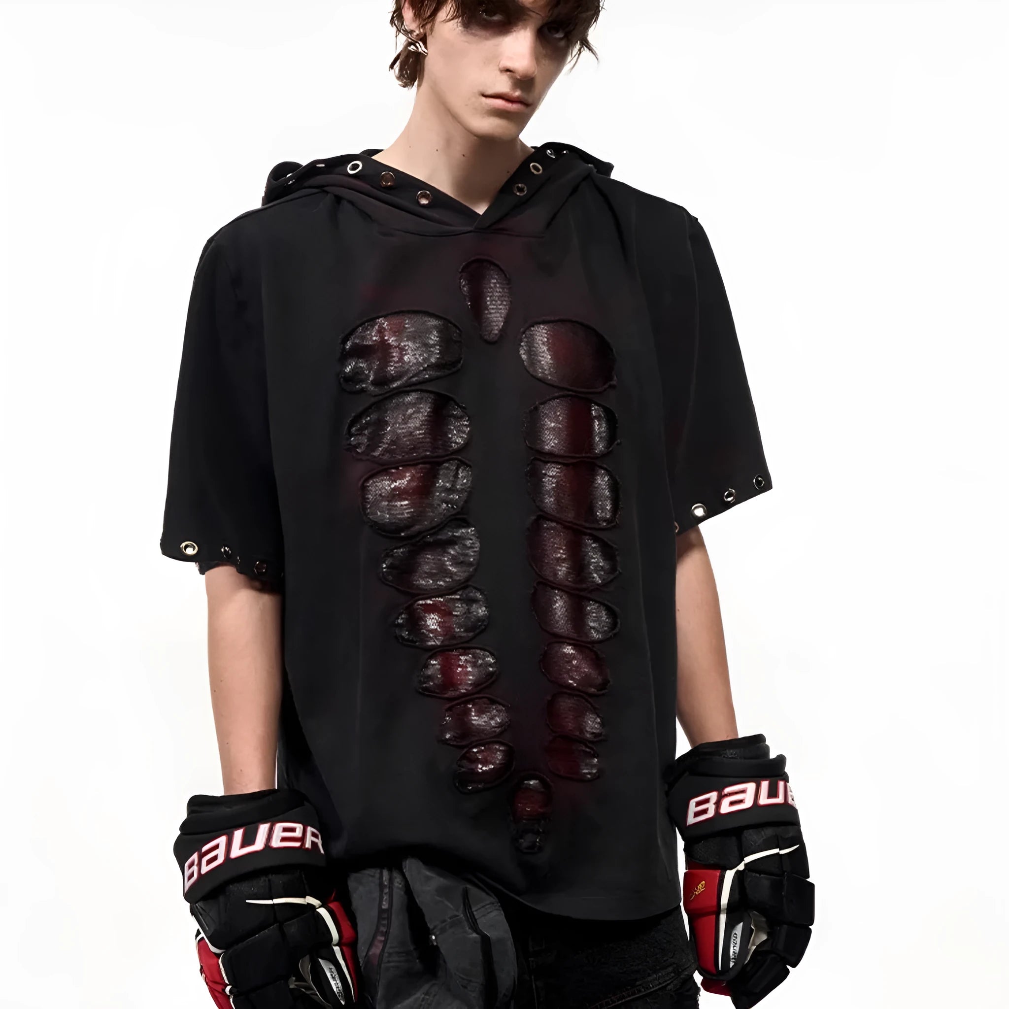 Black men's hooded T-shirt with sequin detailing, loose fit, short sleeves