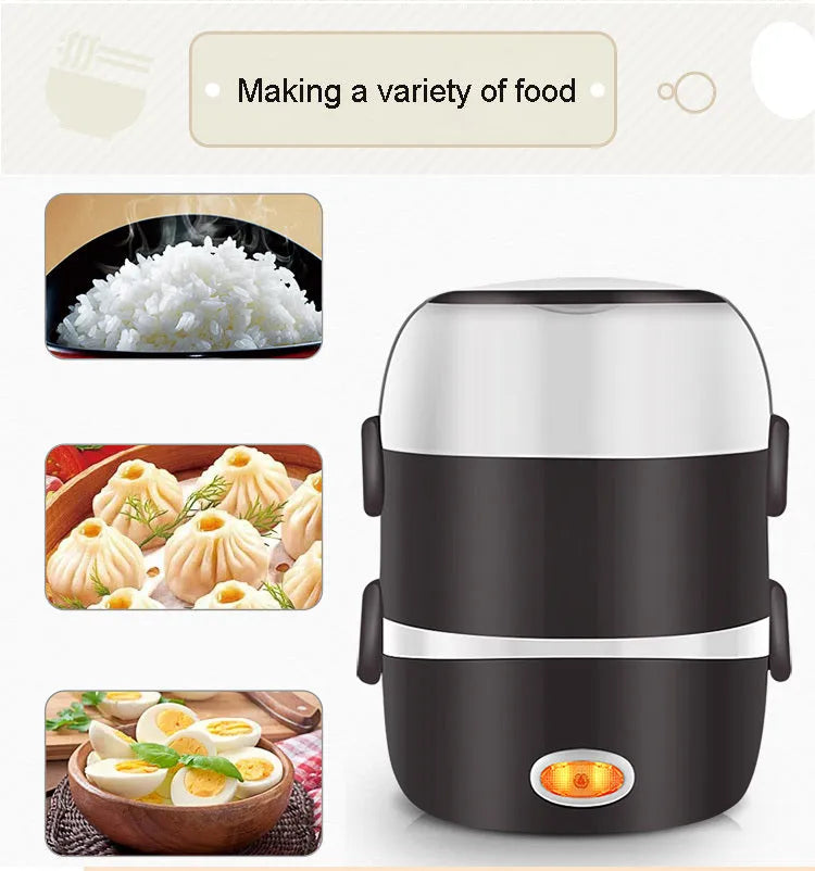 USB-powered multi-function lunch box showing two-layer and three-layer insulated containers