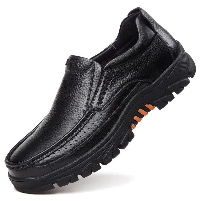 Men's black and brown business casual slip-on shoes with cowhide leather upper and rubber sole